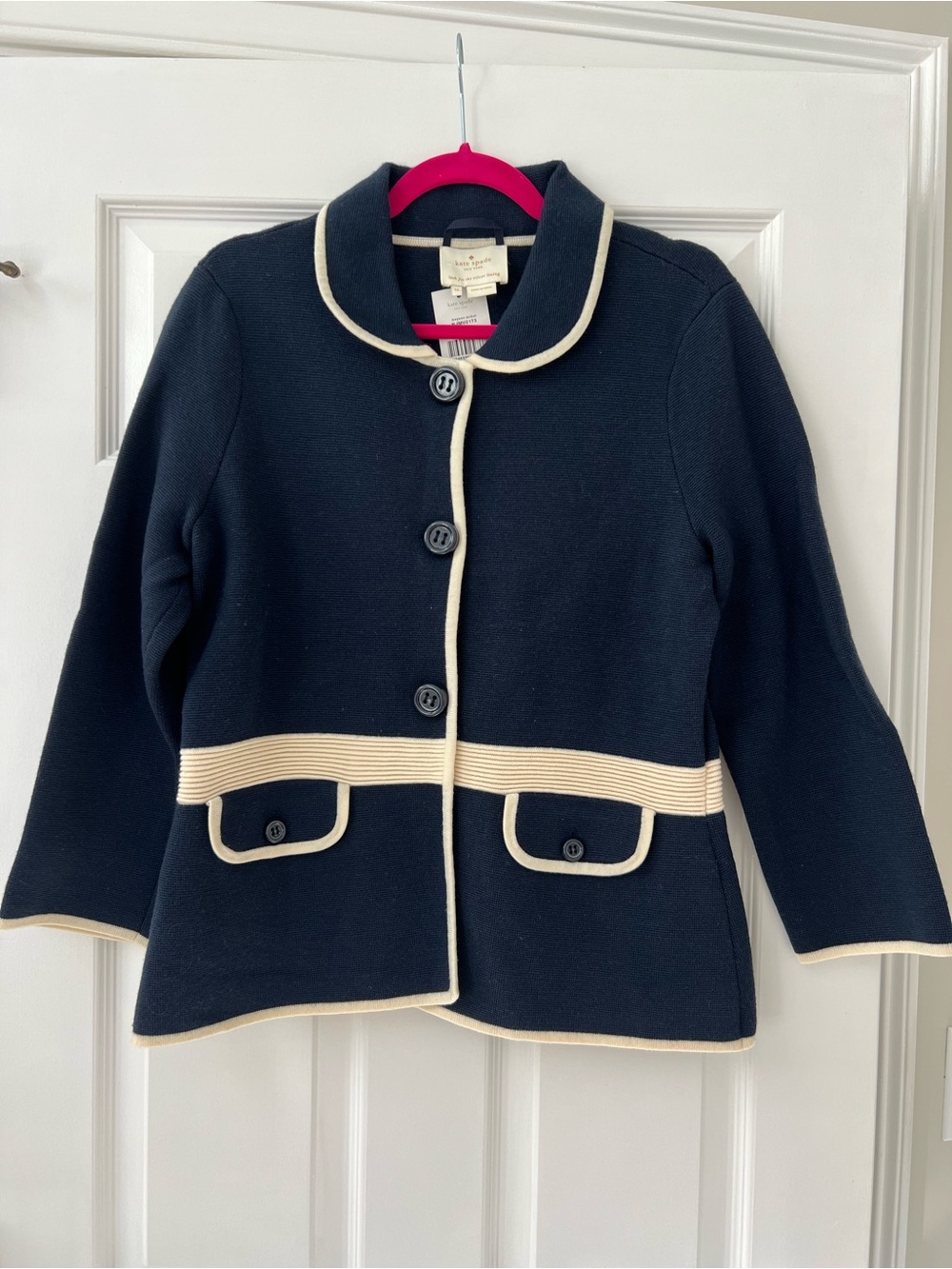 NWT Kate Spade Navy Wool Jacket Sweater with Cream Trim
